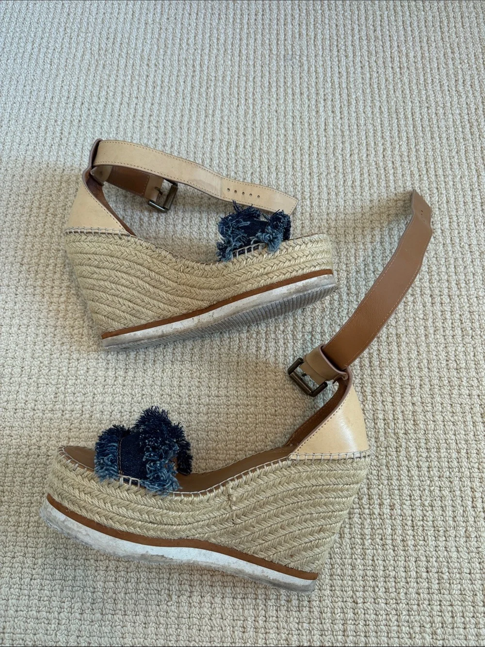 See by Chloé Denim Fringe Espadrille Wedges with Tan Ankle Strap
